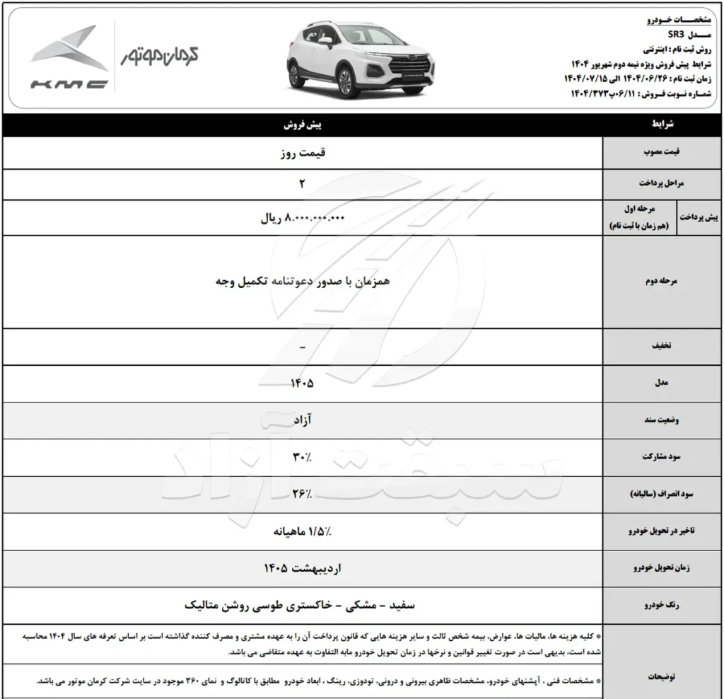 قیمت KMC SR3 و شرایط فروش سال 1404